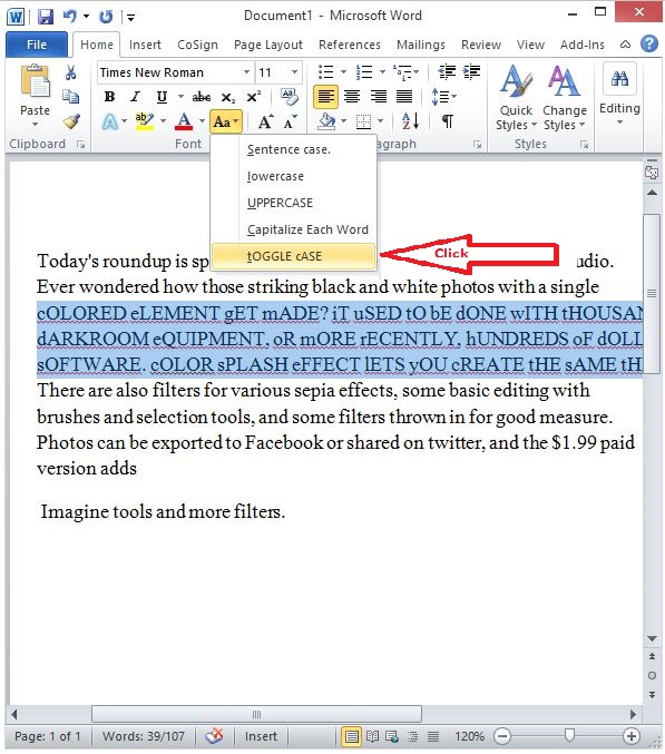 Change case in text document in Word 2010